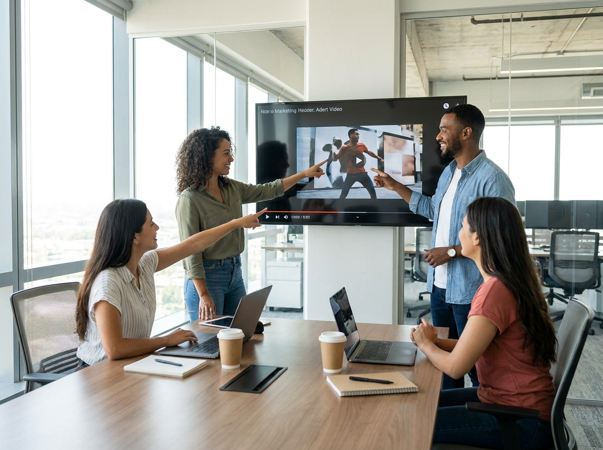 Marketing team reviewing video ad creative