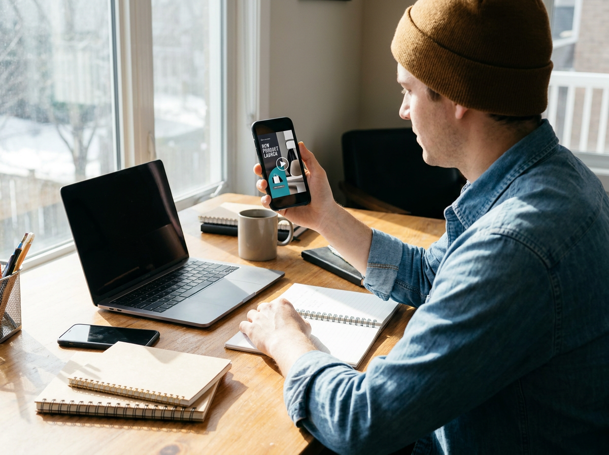 Creator reviewing ad on phone