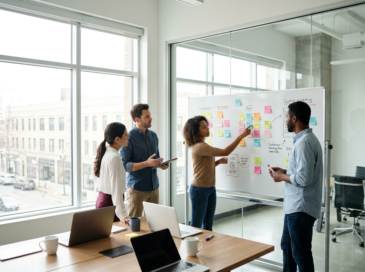 Team discussing options at a whiteboard