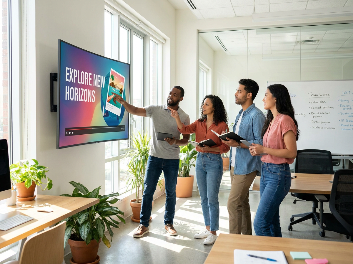 Marketing team reviewing video ad creative