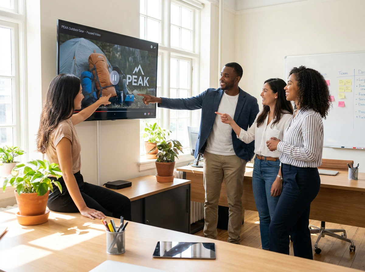 Marketing team reviewing video ad creative