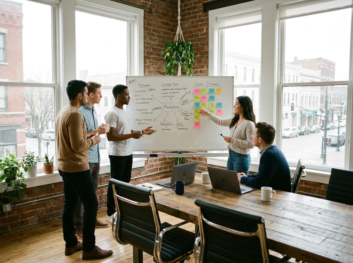 Team discussing options at a whiteboard