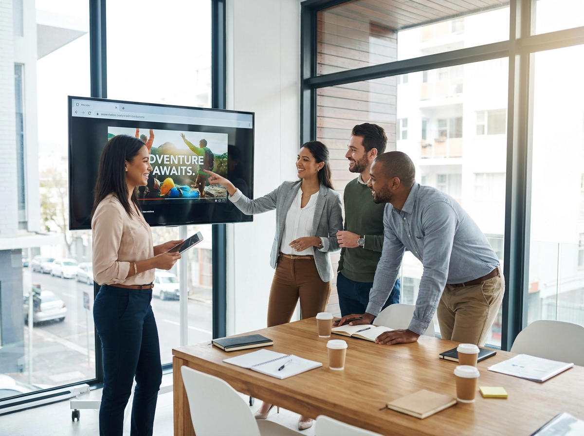 Marketing team reviewing video ad creative