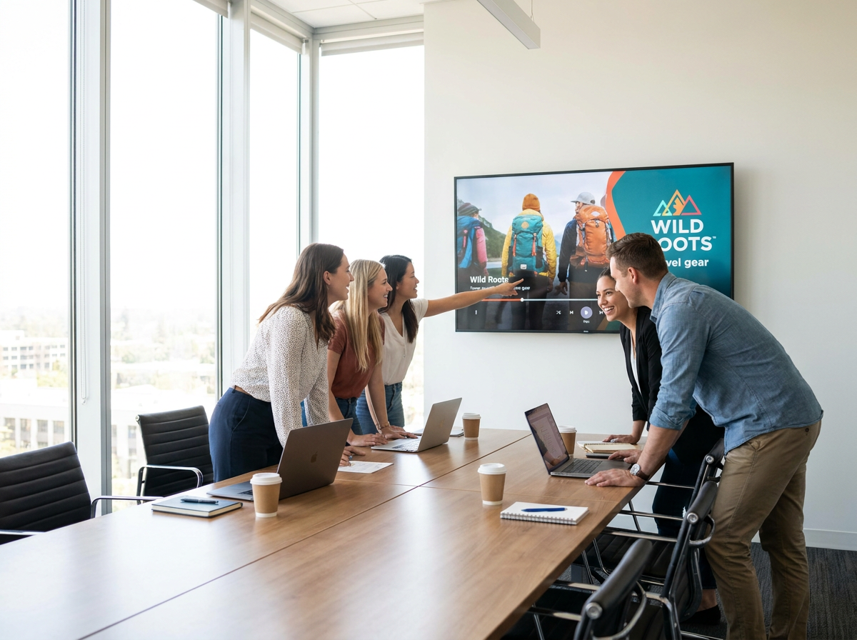Marketing team reviewing video ad creative