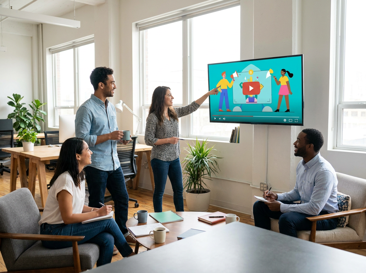 Marketing team reviewing video ad creative
