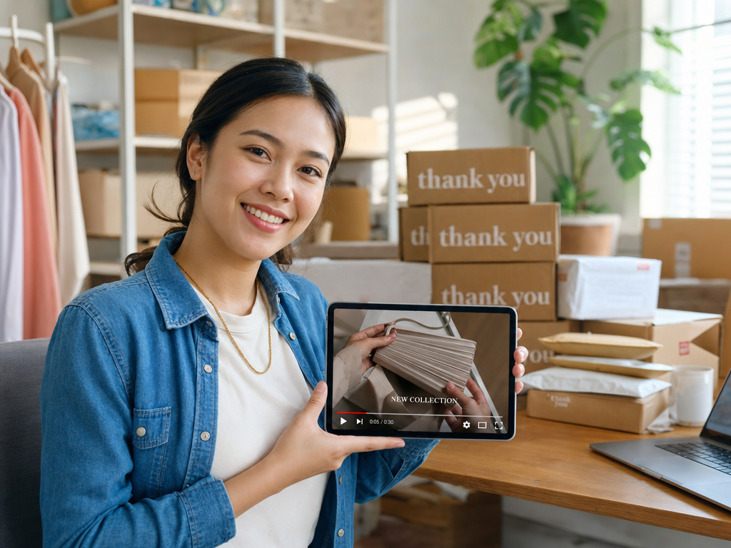 Seller reviewing shop video on tablet