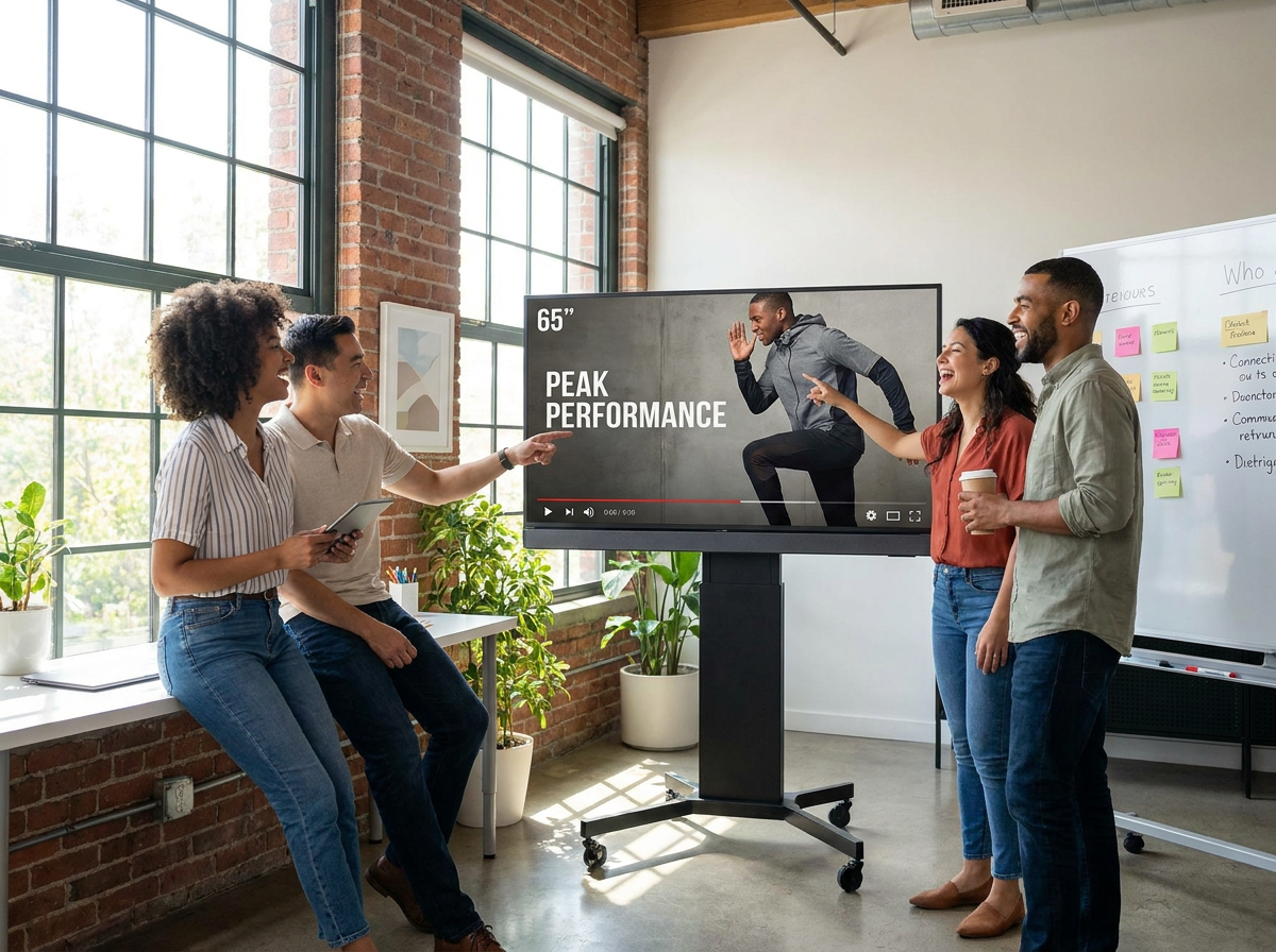 Marketing team reviewing video ad creative