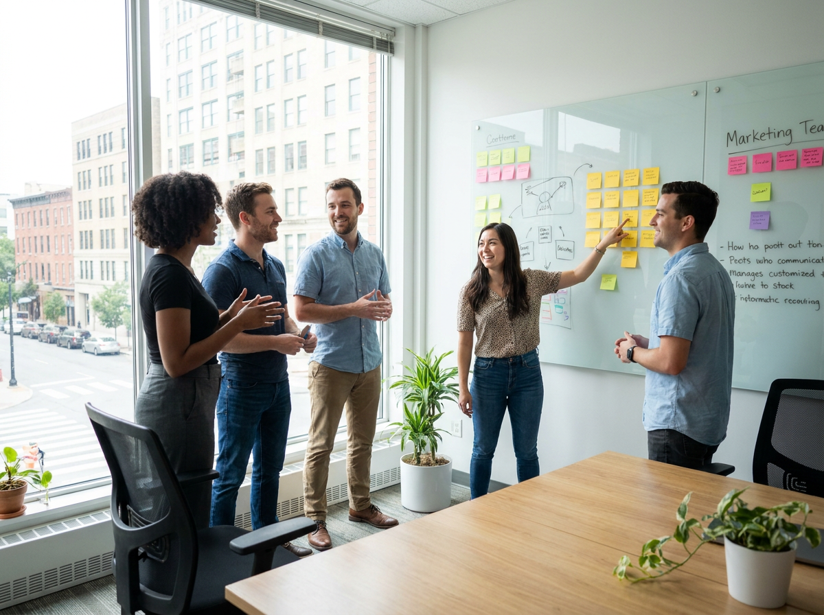 Team discussing options at a whiteboard
