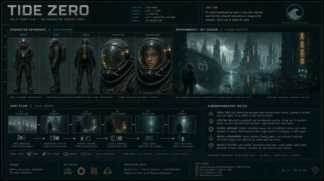 A one-page film pre-production concept sheet for an original sci-fi short titled "TIDE ZERO" — a labelled character reference row, an environment/set-design block, a shot-flow camera diagram and a cinematography-notes panel with small but legible body text. Teal-grey palette with amber accents.