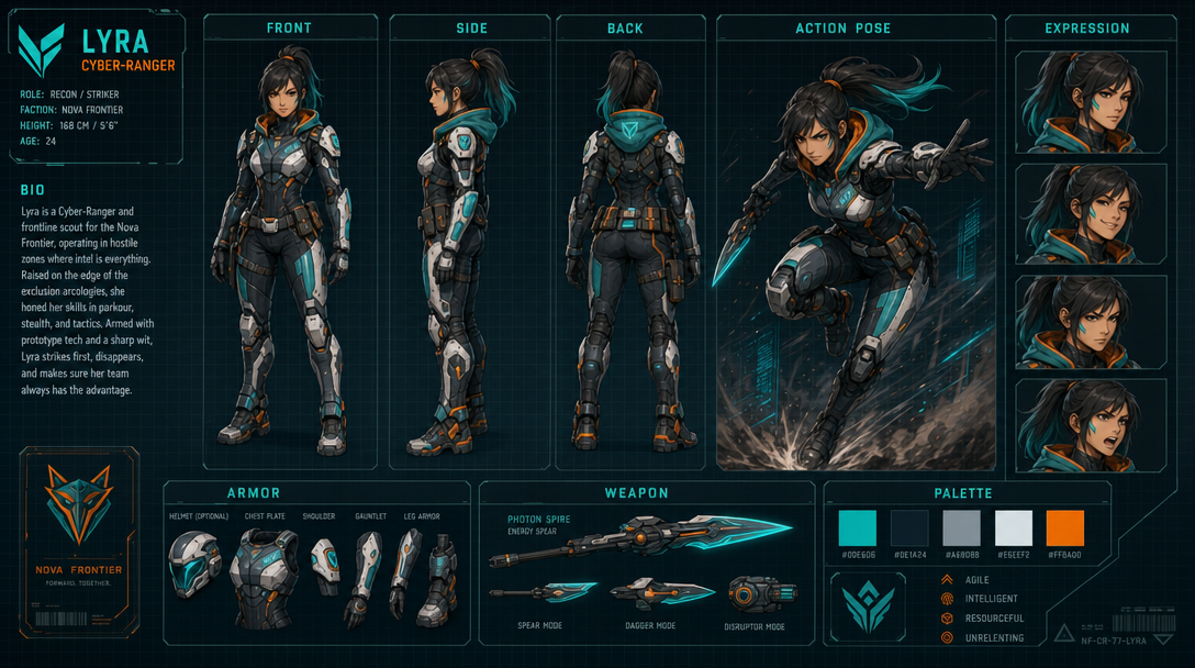 A game character reference sheet: a stylized cyber-ranger heroine in five labelled views (Front, Side, Back, Action, Expression) with callout labels "Armor / Weapon / Palette" and a short readable bio. Teal and orange accents, clean concept-art layout.