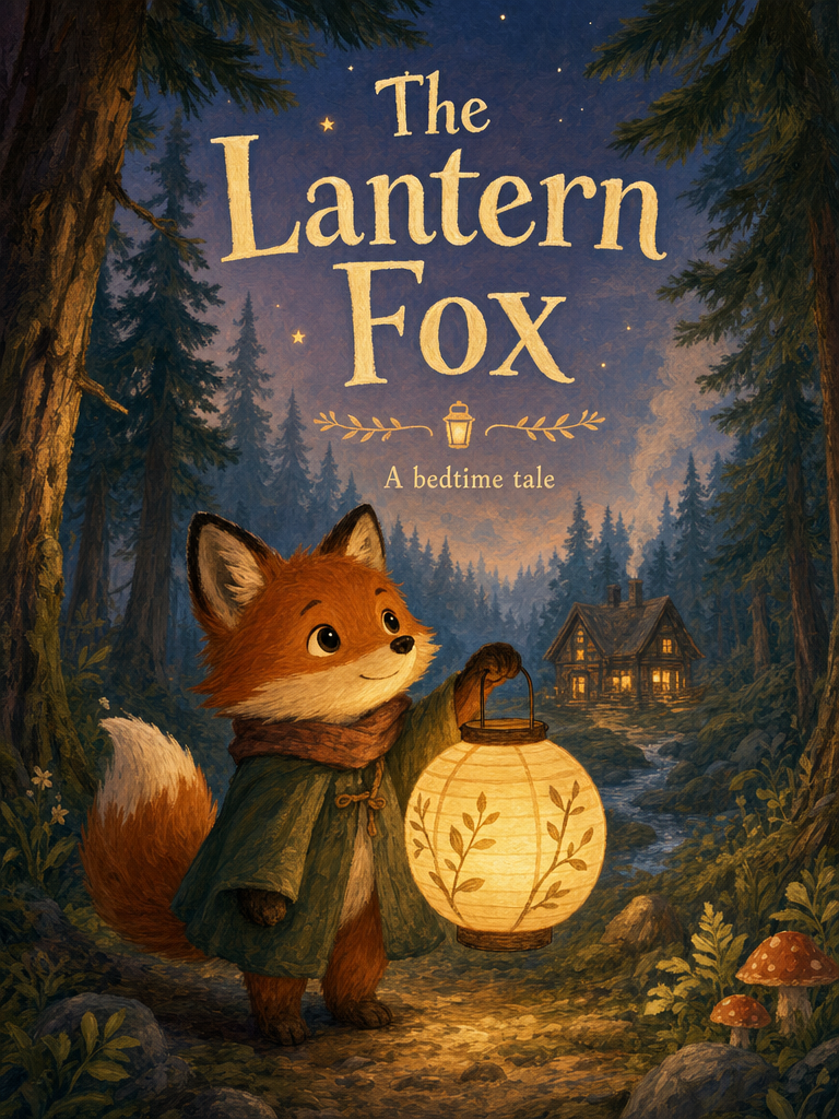 A warm children's-storybook cover titled "The Lantern Fox", a small fox holding a glowing paper lantern in a misty pine forest, hand-painted gouache style, legible title and a "A bedtime tale" subline.
