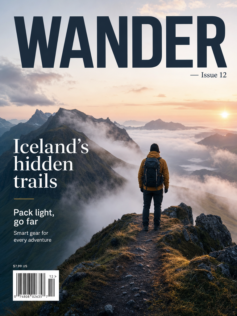 A travel magazine cover, masthead "WANDER — Issue 12", a lone hiker on a misty mountain ridge at dawn, legible cover lines "Iceland's hidden trails" and "Pack light, go far", clean editorial typography.