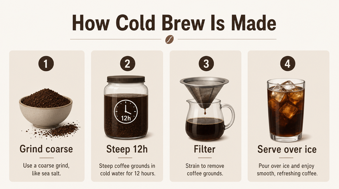 A clean flat infographic titled "How Cold Brew Is Made", four numbered steps with simple icons and short legible captions — Grind, Steep 12h, Filter, Serve over ice — muted coffee-brown palette.