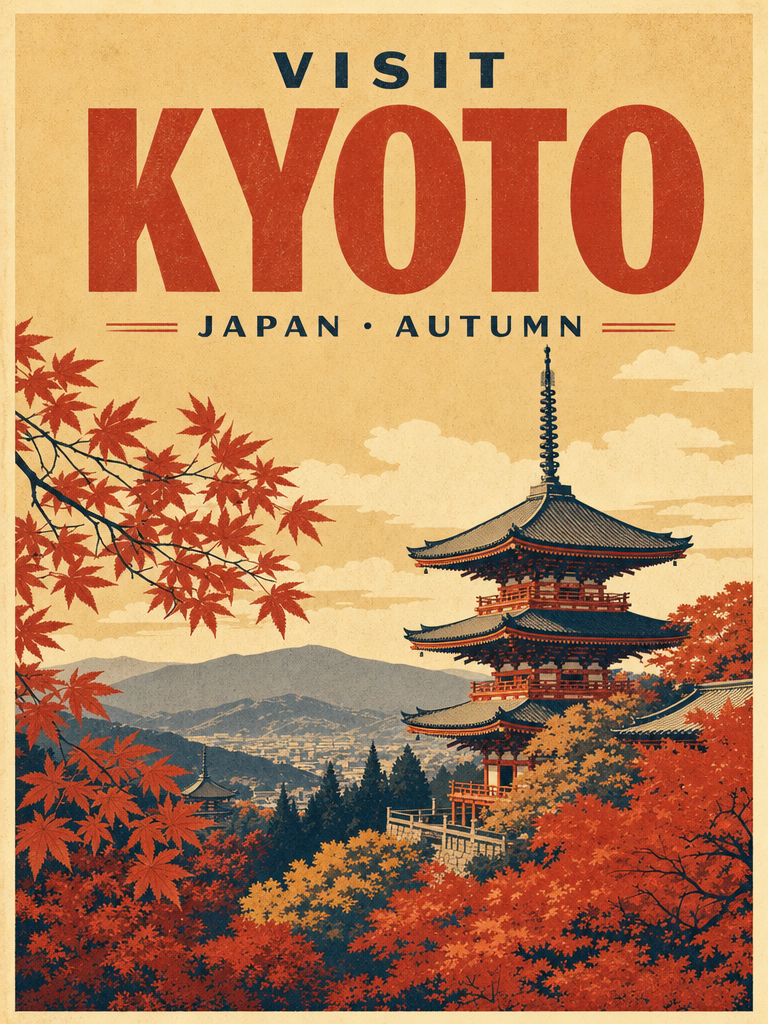 A vintage screen-print travel poster reading "VISIT KYOTO", a stylized pagoda among autumn maples, bold legible title and a "Japan · Autumn" subline, limited warm palette, paper grain.
