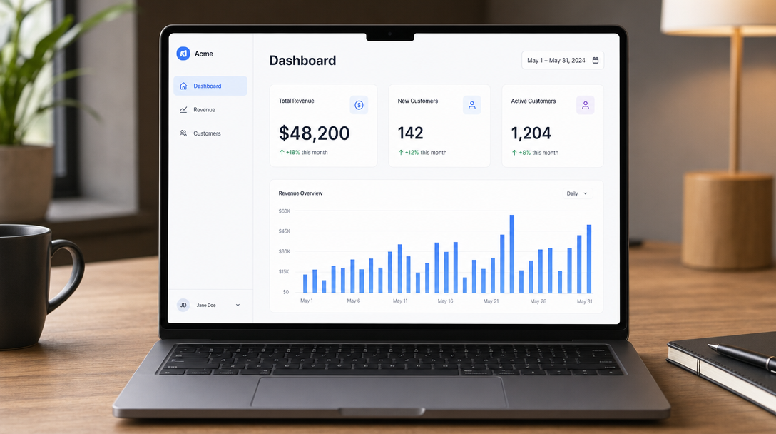 A clean SaaS dashboard mockup on a laptop: a sidebar reading "Dashboard / Revenue / Customers", a headline stat "$48,200" with "+18% this month" and a small bar chart, modern minimal product shot.