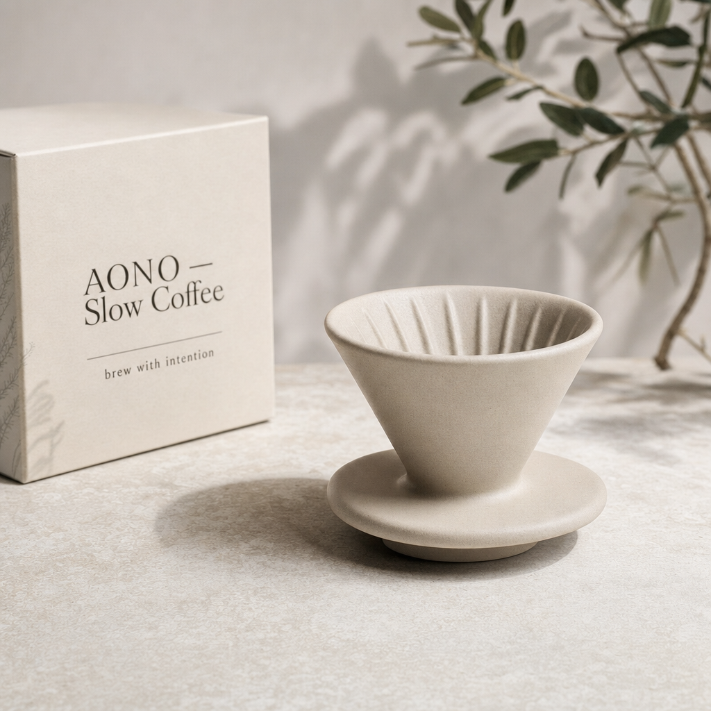 A premium minimalist product photo, a matte ceramic pour-over coffee dripper on pale stone, an elegant legible label "AONO — Slow Coffee" and a small tagline "brew with intention", soft daylight.